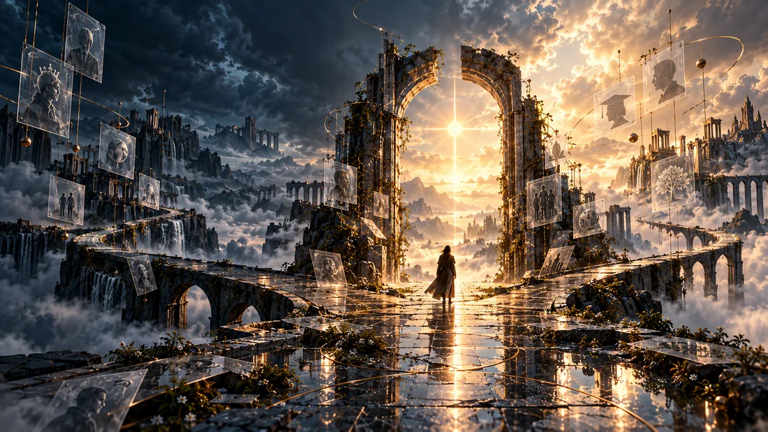 A traveler pauses at a luminous broken gateway while many identity panels orbit around open paths.