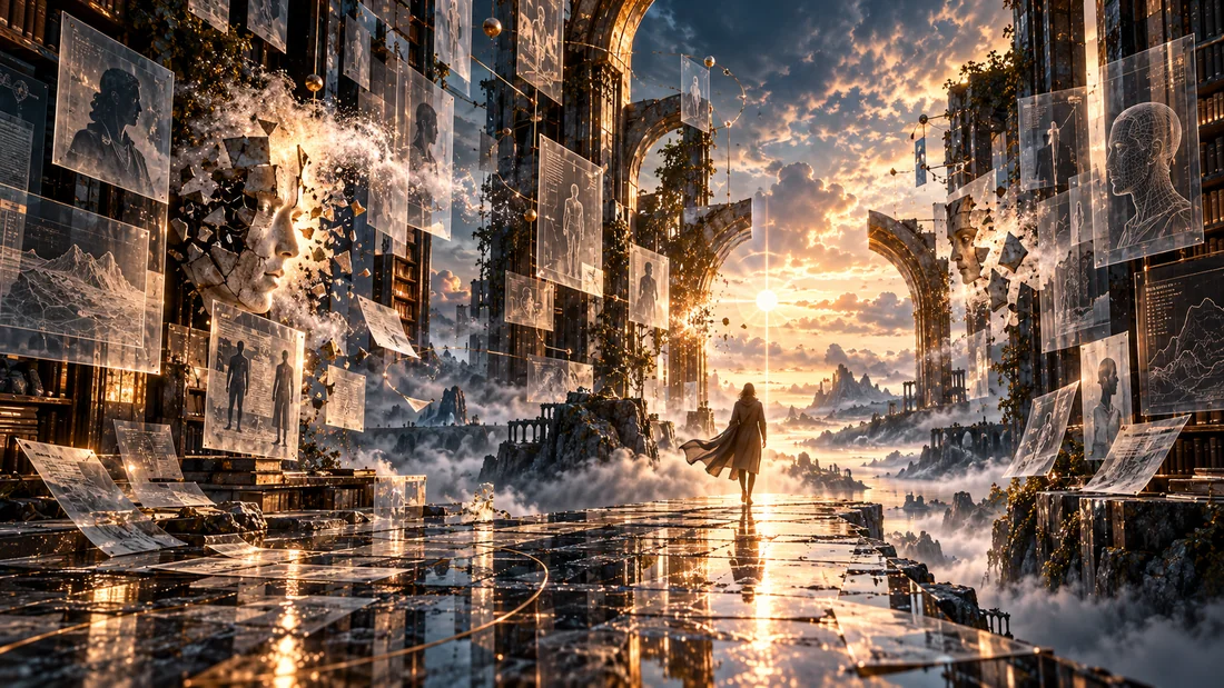 A living traveler moves through floating records and fragmented portraits that dissolve into light.