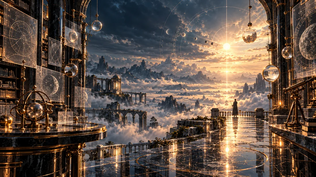 A celestial observatory above clouds filled with precise instruments, star charts, and measured paths toward light.