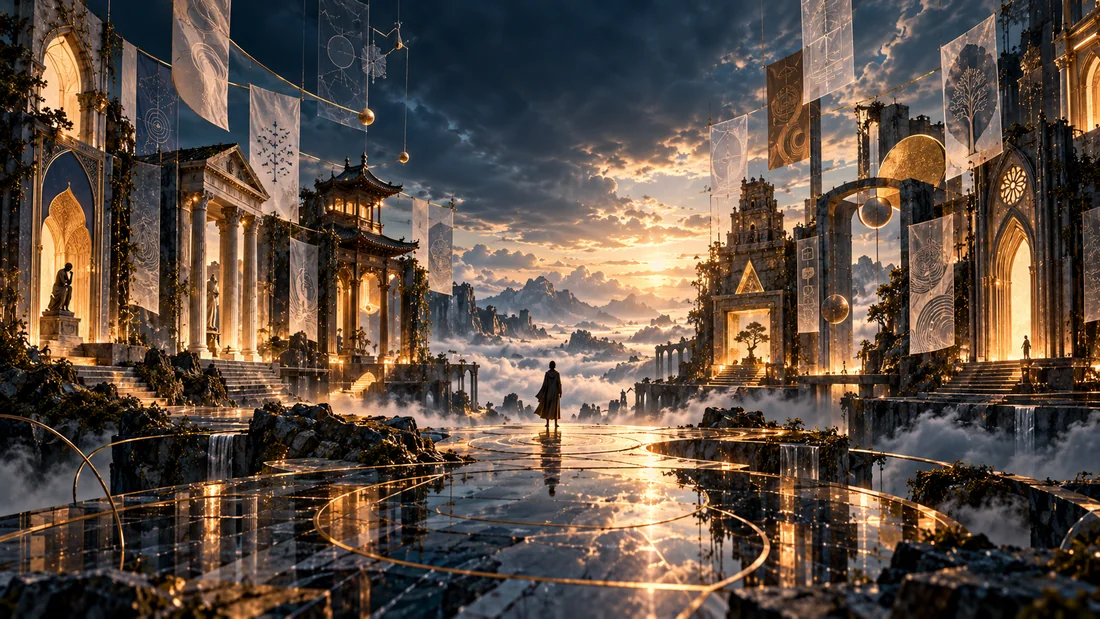 A traveler stands among many distinct luminous architectural traditions without entering a closed enclosure.