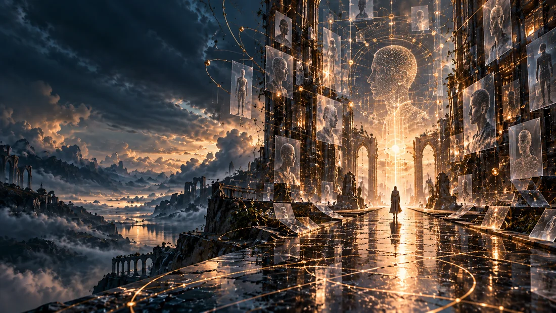 A person faces a cathedral-like system of floating algorithmic profiles while a luminous exit remains open.