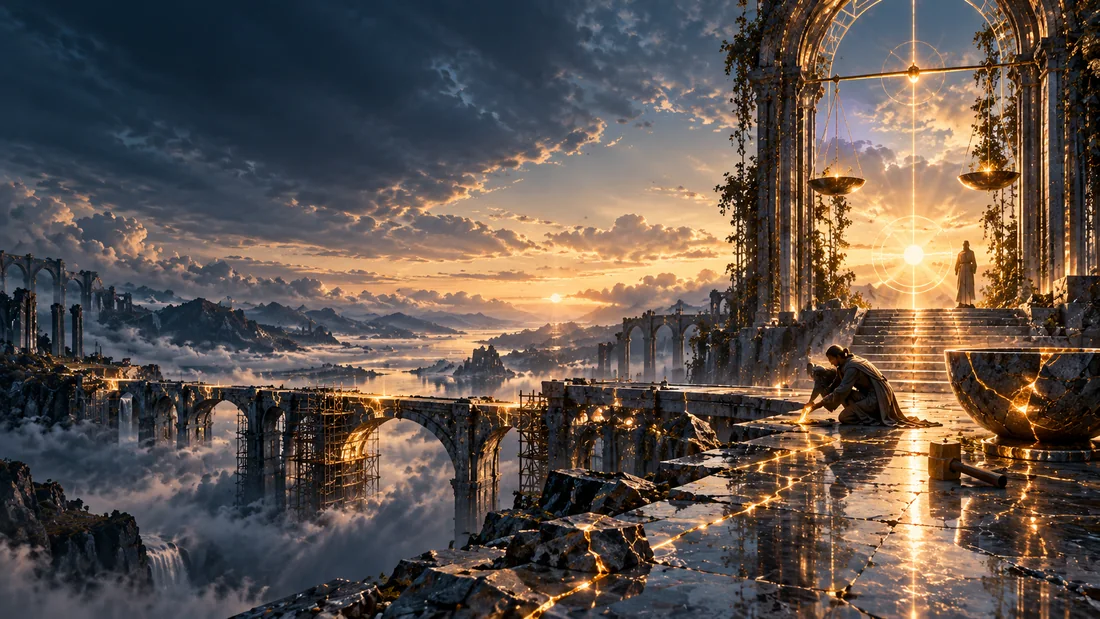 A restorer repairs a broken bridge with luminous seams while balanced scales hang above the horizon.