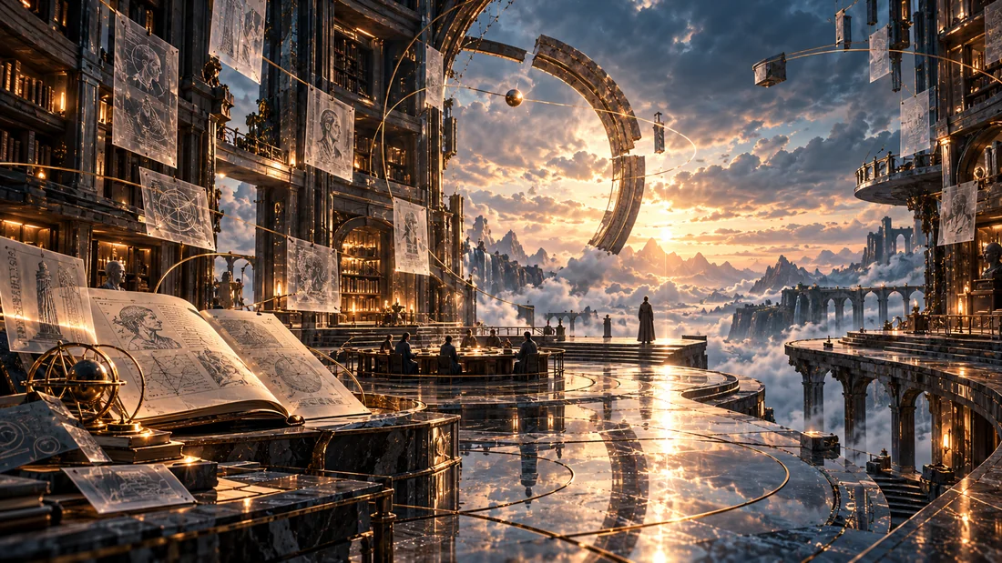 An open circular archive chamber with an incomplete ring, illuminated pages, and a horizon left deliberately unsealed.