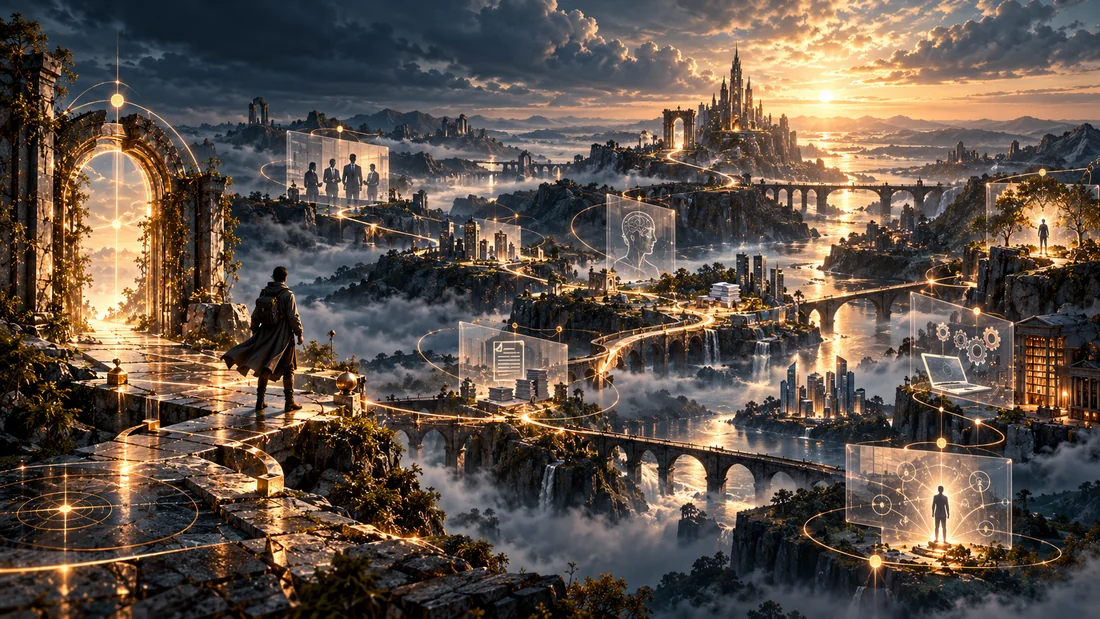 A traveler surveys a network of luminous routes connecting civic, technological, archival, and personal decision points.